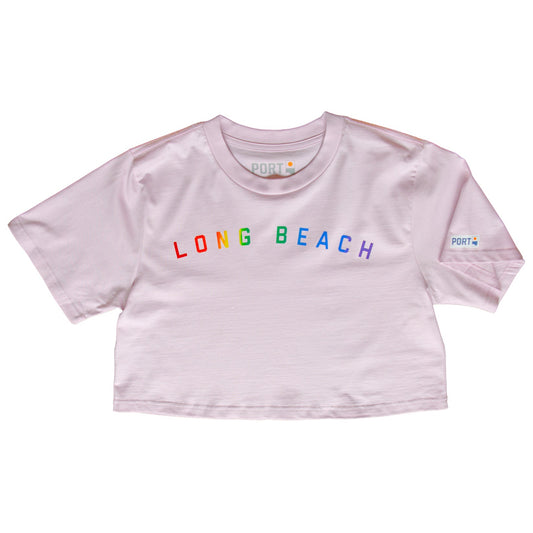 Pink crop top with 'LONG BEACH' in colorful letters on a white background