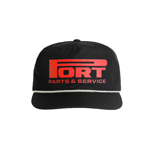 Black cap with red text on a white background